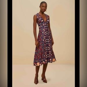 Farm Rio Boho Floral Scarf Navy Blue V-Neck Midi Dress New Large
